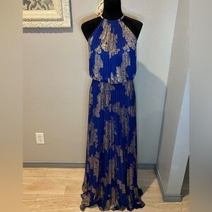 Scape blue and gold pleated maxi dress